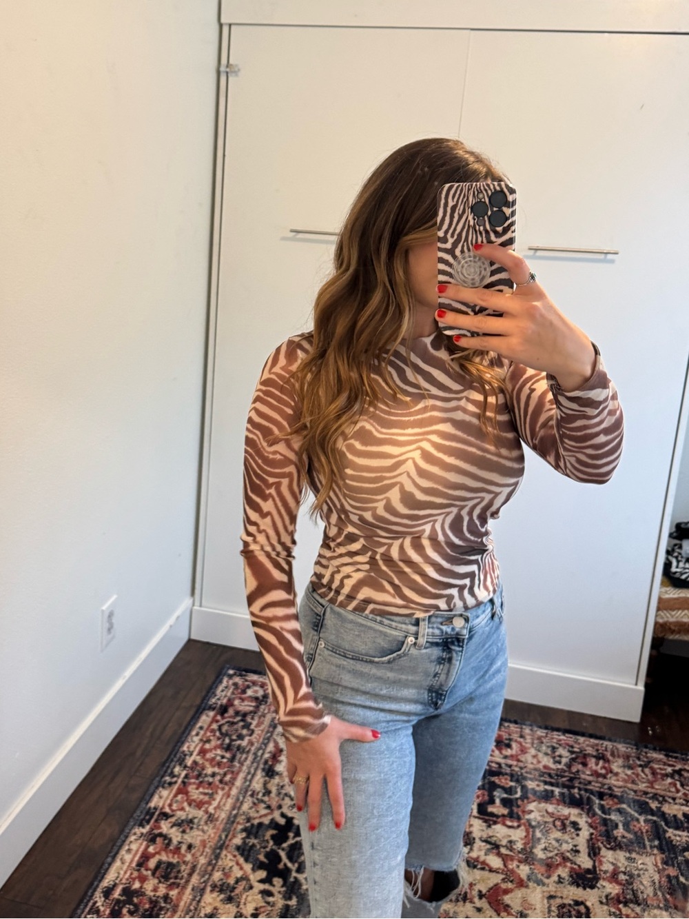 Women’s Brown Zebra Print Long-Sleeve Top sheer